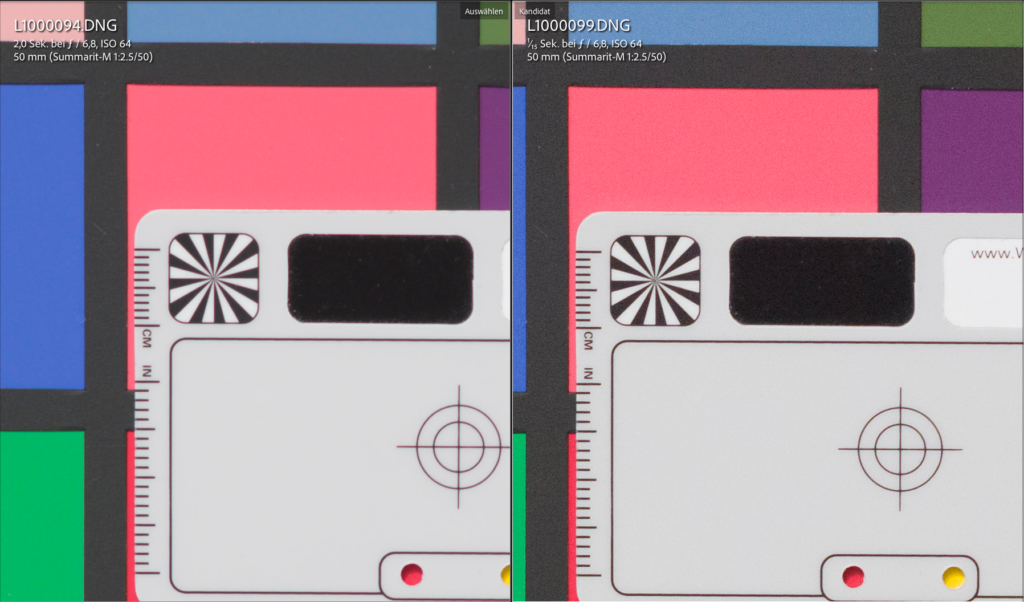 100% comparison of the neutrally exposed DNG with the 5 f-stops raised DNG without noise reduction